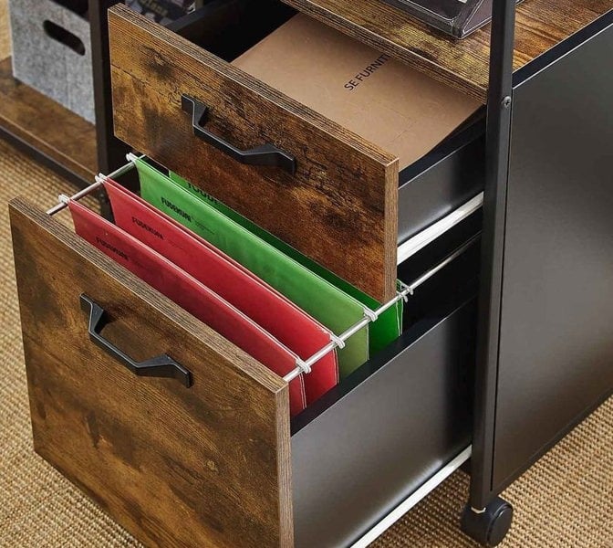 Modcraft Industrial Mobile Filing Cabinet with Drawer & Wheels – Rustic Brown & Black Office Storage