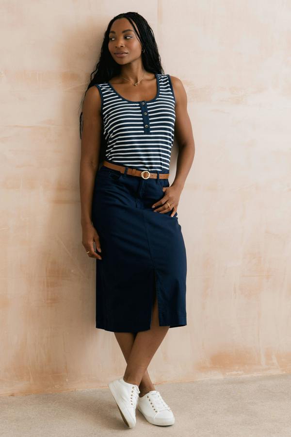 Lily & Me Morwenna Stretch Twill Midi Skirt Navy