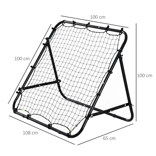 Adjustable rebounder net target with black frame, grid net, and angled support legs