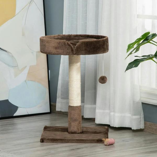Brown cat tree with round top perch, scratching post, flat base, and hanging ball