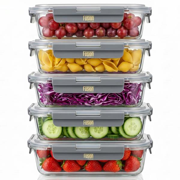 Fusion Food Care Food Storage Containers with Airtight Lids 10 Pack - 5x370ml & 5x1040ml Glass Meal Prep Containers Set BPA Free Glass Food Container