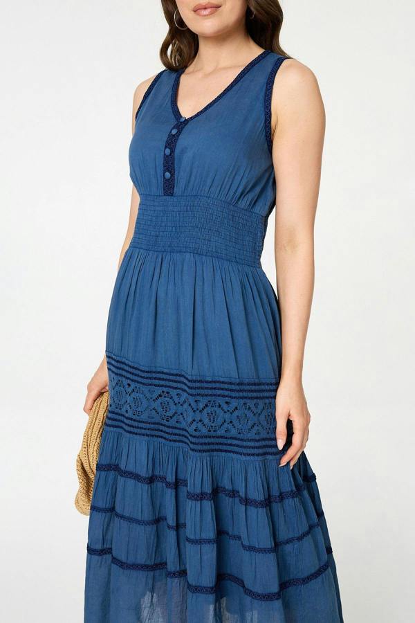 Blue | Embroidered Tiered Sleeveless Midi Dress