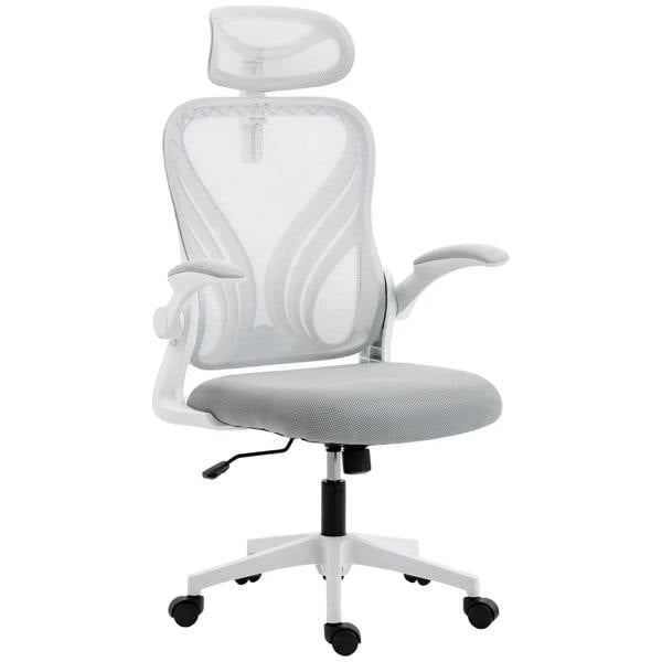 Light grey ergonomic office chair with foldable backrest, 2D headrest, armrests, wheels