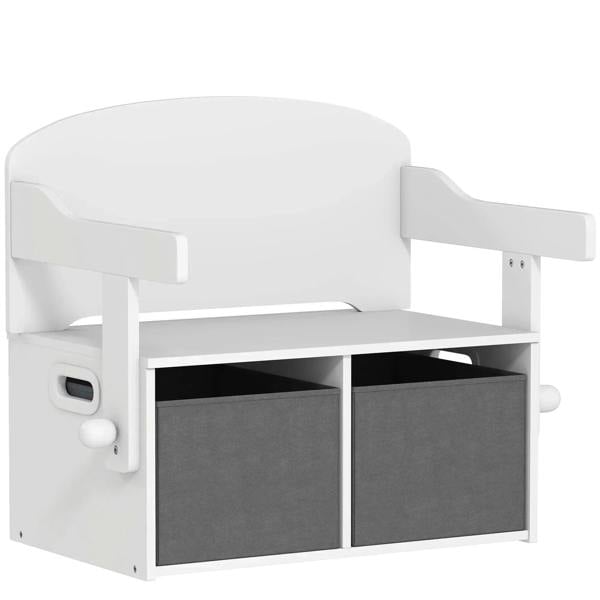 White kids storage bench with two gray fabric bins and open tabletop