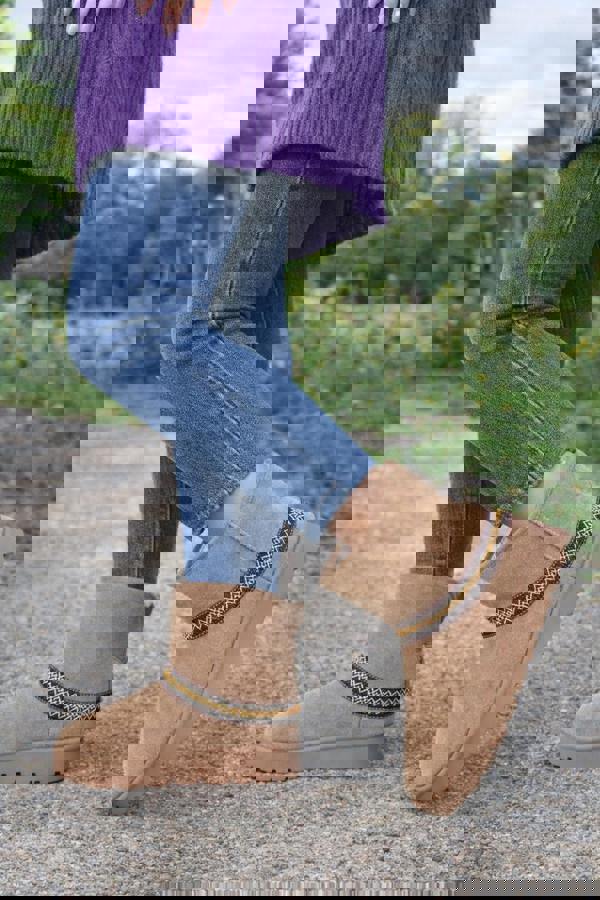 Trendy Trotters Women’s Camel Suede Faux Fur Lined Ankle Boots - Complete With Aztec Trim