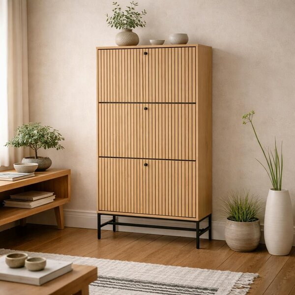 Wyld Haus Bjork Natural Oak Wood and Black Panelled Shoe Cabinet 3 Doors