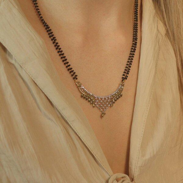 The Colourful Aura Indian Nazaria Gold Leaf Floral Zircon Mangalsutra Black Beads Pendant Necklace