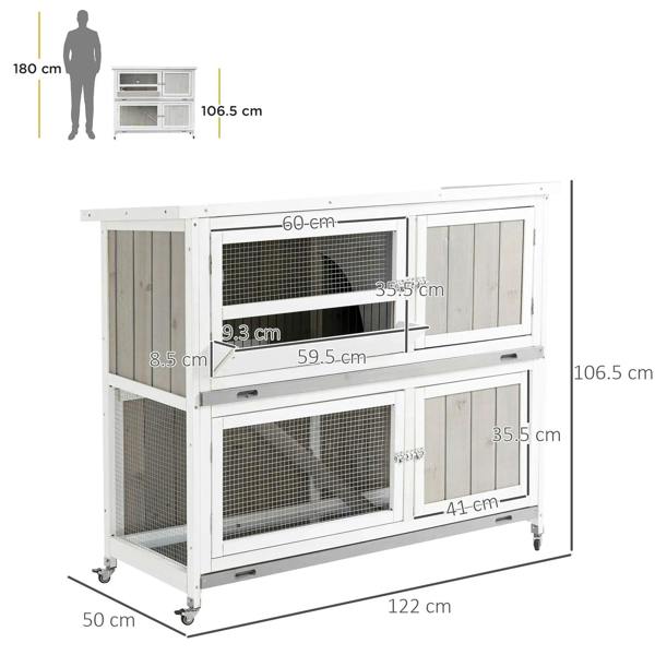 White two-tier wooden pet hutch on wheels with two stacked front mesh windows and doors