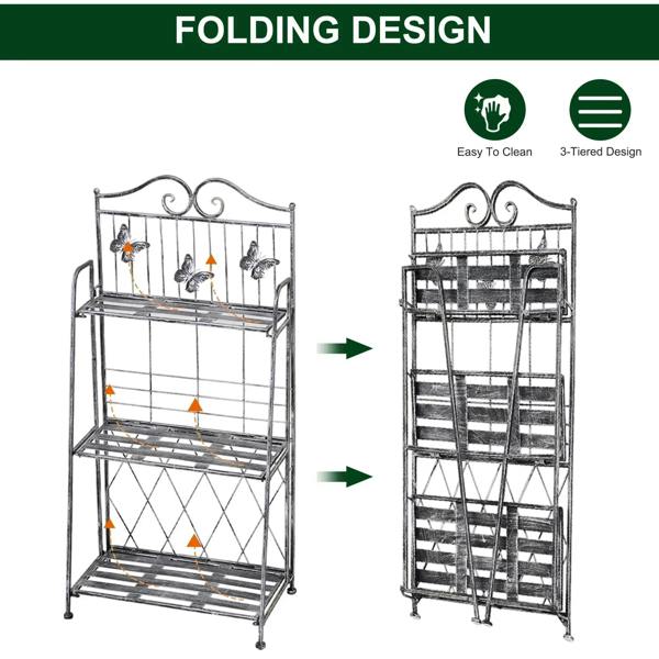 Silver metal 3-tier plant stand with folding design and decorative butterfly top rail