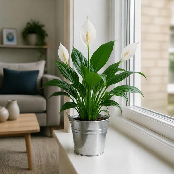 Peace Lily Plant 12cm - Air Purifying Houseplant Elegant Indoor Plant with White Flowers - Galvanised Pail - 1