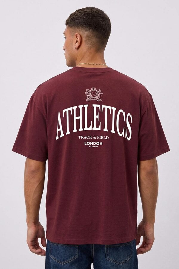 London Attitude Athletics Premium Graphic T-Shirt in White Print - Burgundy