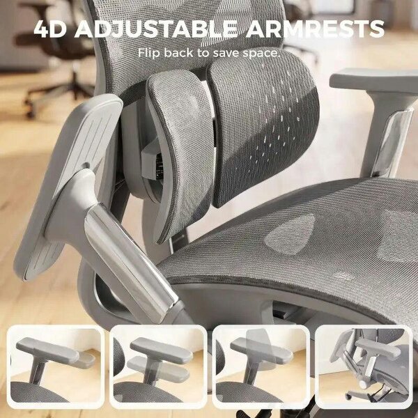 Ergonomic Office Chair with Lumbar Support, Mesh Reclining Desk Chair with Footrest, Adjustable High Back, Grey