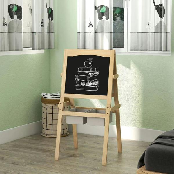 Wooden kids art easel with chalkboard writing surface and storage basket shelves