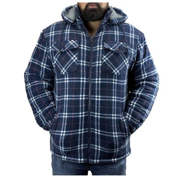 Man wearing Game Richmond sherpa-lined shirt in blue check with chest pockets and hood, styled for outdoor work or country walks