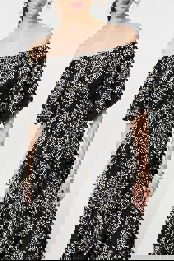 Black | Leaf Print Puff 1/2 Sleeve Midi Dress
