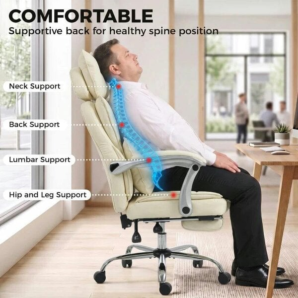 Executive Office Chair, PU Big and Tall Office Chair 180 kg with Wide Seat, Reclining, Lumbar Support, Beige