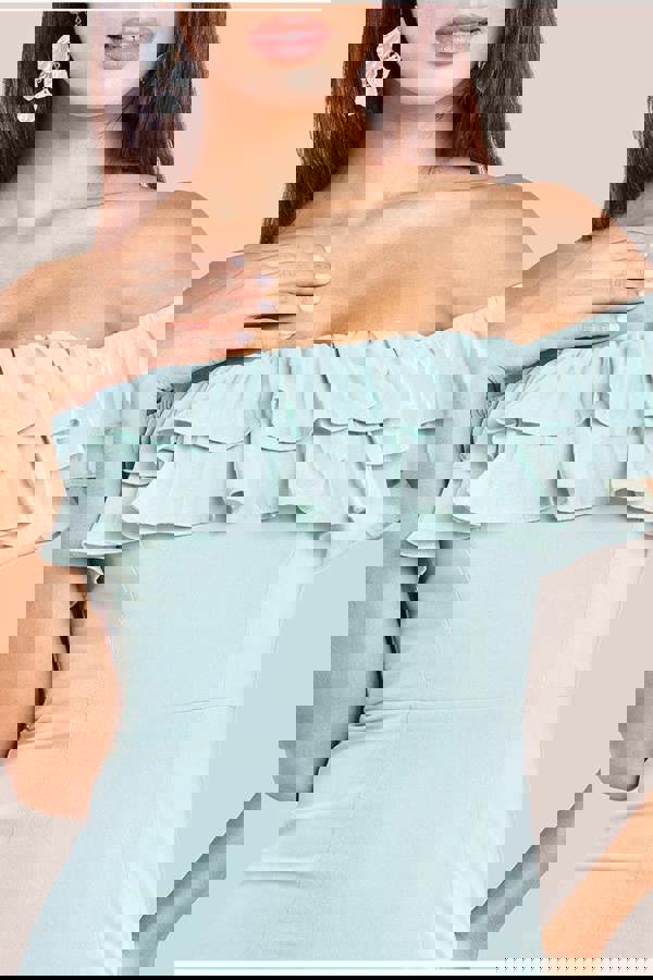 Frilled Off The Shoulder Pleated Chiffon Maxi Dress - Sage Green DR4273