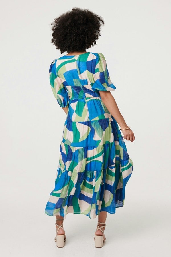 Green | Abstract Ruched 3/4 Sleeve Midi Dress
