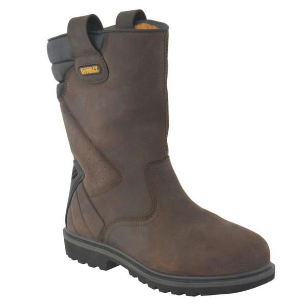 DeWalt Rigger Mens SBP Pull On Steel Toe/Midsole Rigger Boots, brown leather work boots with slip-on design, steel toe protection, and rugged outsole.