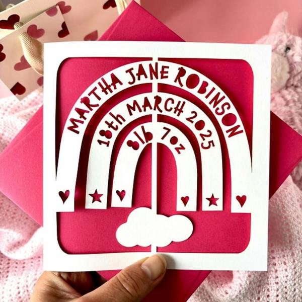 Personalised papercut rainbow mobile new baby card with hot pink insert customised with Martha Jane Robinson details