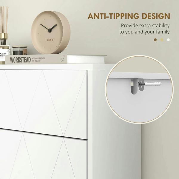 White shoe cabinet corner close-up with anti-tipping wall bracket and hardware