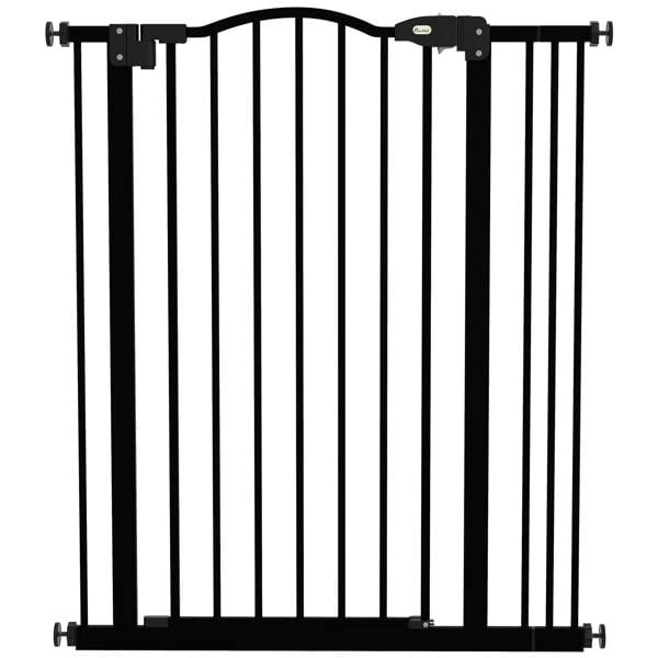 Black metal dog safety gate with vertical bars and wall brackets, front view