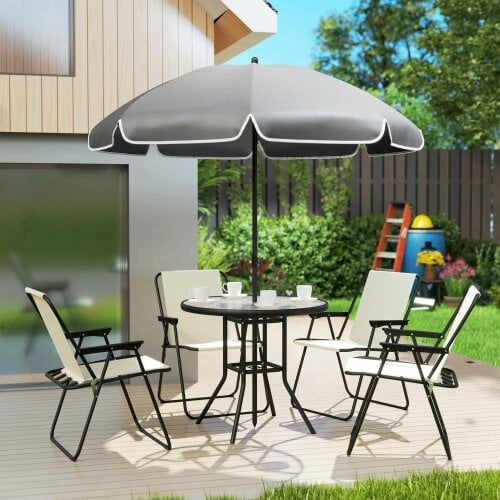Bobobiy 4 Seater Garden Set, 6 Pieces Garden Table and Chairs with Parasol, Cream White