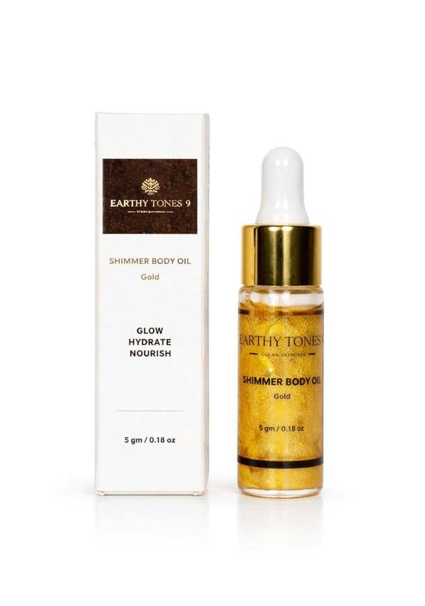 Earthy Tones 9 Shimmer Body Oil 5ml bottle with dropper and packaging on a white background