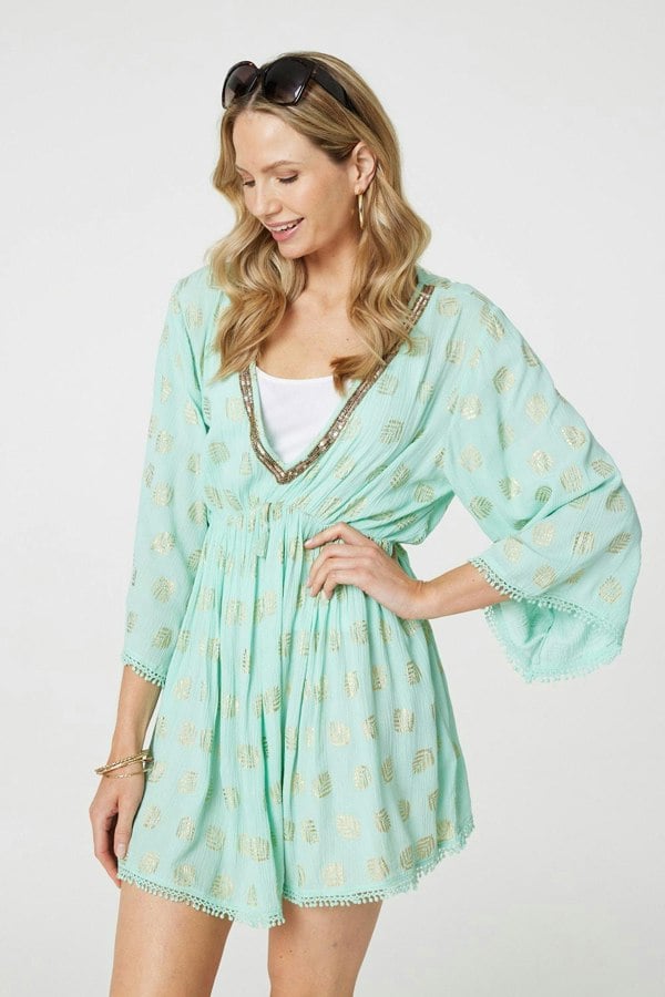 Green | Foiled Leaf Print Short Beach Dress