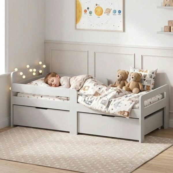 Wooden Kids Bed Frame with 2 Storage Drawers and Guard Rails for Ages 4-14, 144 x 76 x 57 cm (No Mattress), Grey
