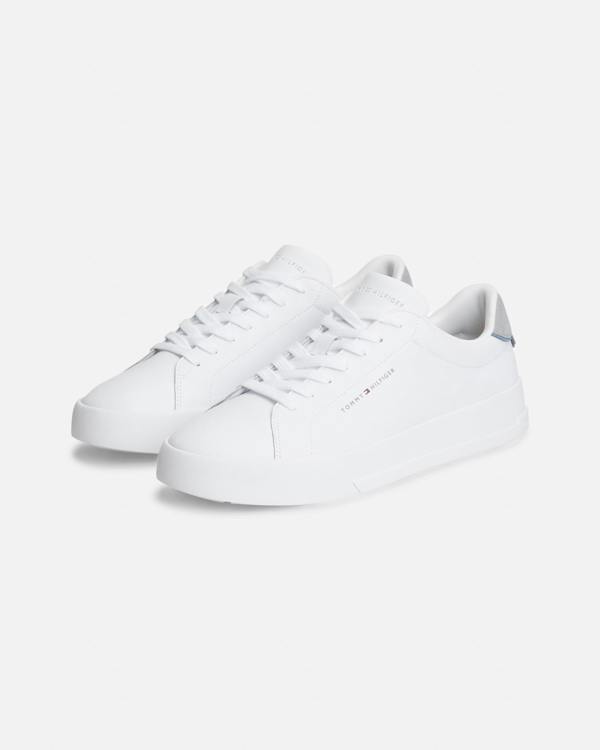 Tommy Hilfiger Court Leather Detail Mens Trainer - White/Universal Grey