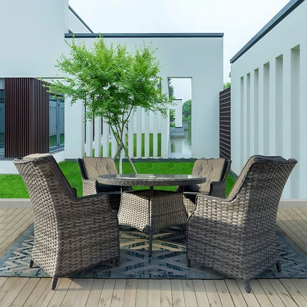 Furniture One 4 Seater Outdoor Rattan Dining Set, 5 pcs Luxury Wicker Dining Set with Soft Cushion Armchair, Tempered Glass Top Table