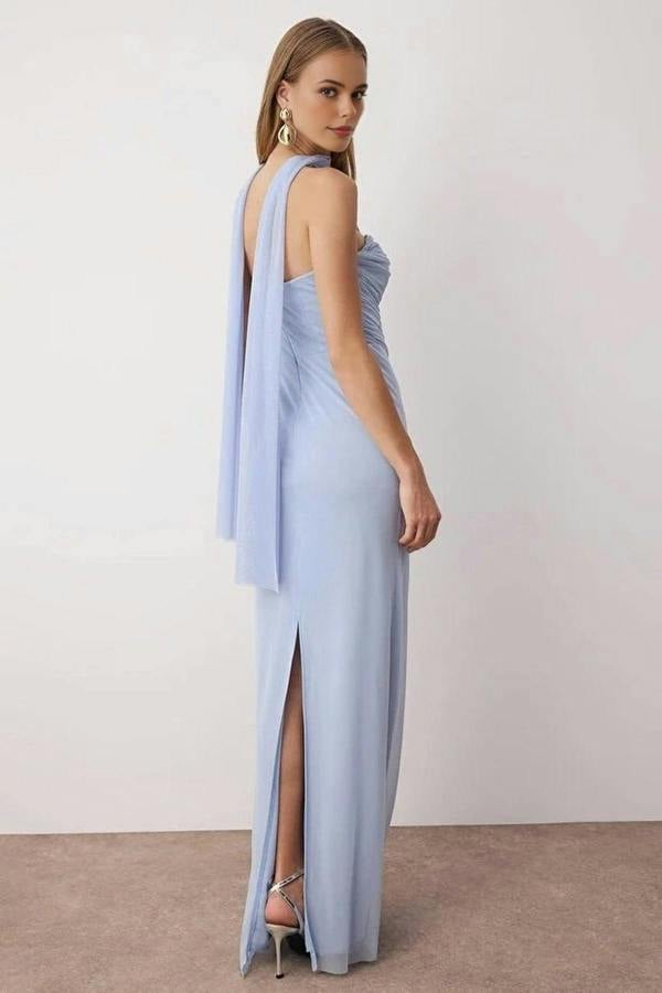 WOVCOR Tulle Knit Maxi Evening Dress with Shawl Detail