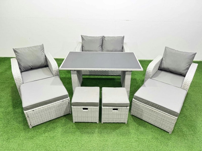 Fimous 8 Seater Patio Garden Furniture Sets with Dining Table Love Sofa 4 Stools Light Grey