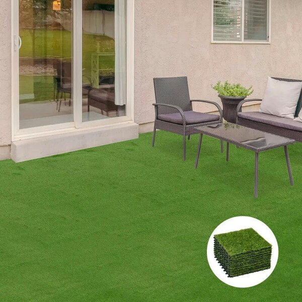 10-Piece Artificial Grass Set, Weatherproof Turf Tiles, 25mm Pile Height, Outdoor Carpet for Garden, Balcony & Patio, 30 x 30cm, Dark Green - Green