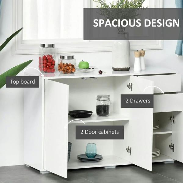 White side cabinet with open door bays and drawers, spacious storage unit, glossy top