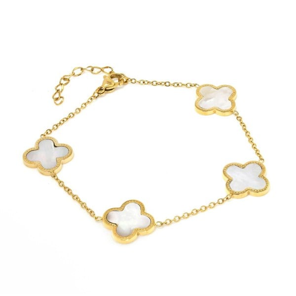 Say It With Clover Chain Bracelet - Stainless Steel (Gold Plated & Faux Pearl)