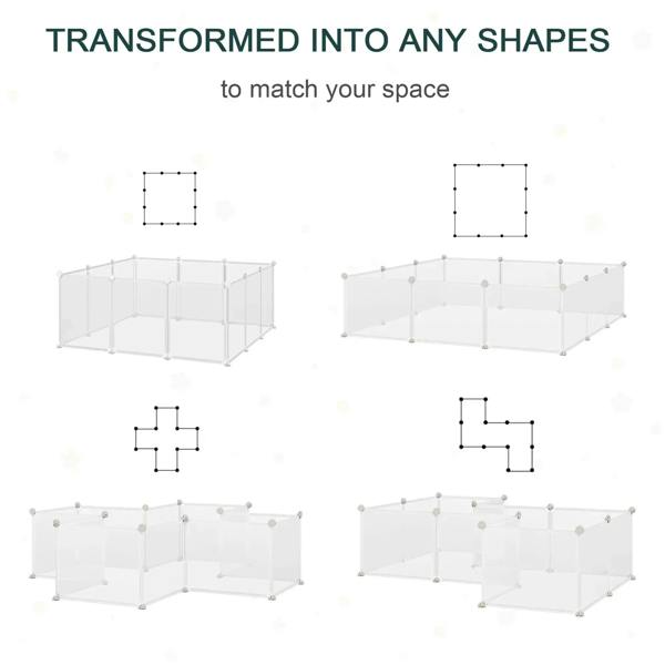 White modular plastic pet playpen panels shown in different shapes and layouts