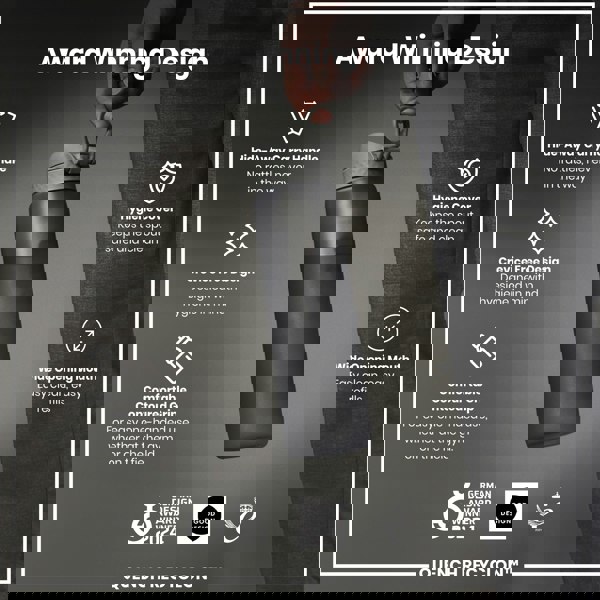 A dark-grey water bottle is being held; its features are highlighted, including a hide-away handle, crevice-free design, contoured grip, hygiene cover, and wide mouth. The bottle is award-winning.