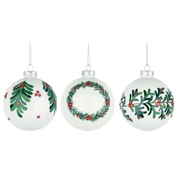 8cm Christmas Glass Baubles, 12 Pack White Hanging Tree Ornaments with Assorted Designs image 1