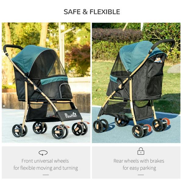 Pet stroller with teal canopy and large wheels, shown outdoors from side angles
