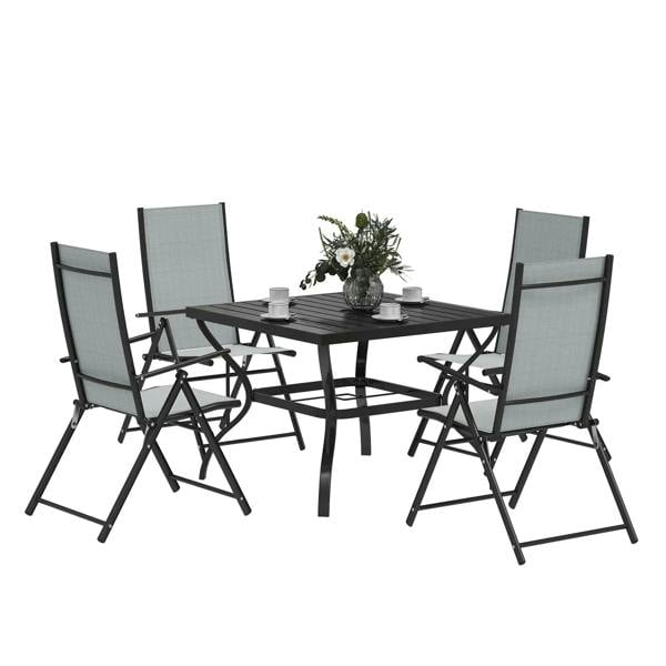 Five-piece patio set with black steel frame, grey fabric chairs, rectangular table
