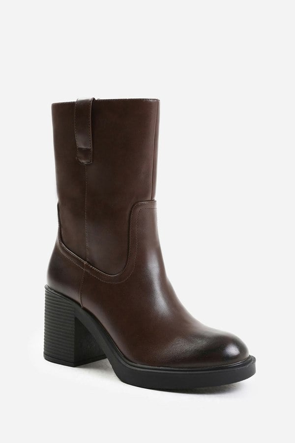 Where's That From Cherish Mid Calf Boot With Side Zip in Dark Brown Faux Leather