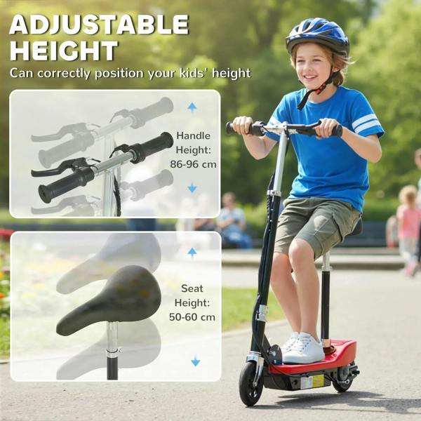 Red electric ride-on scooter with adjustable handlebars and adjustable seat height post.