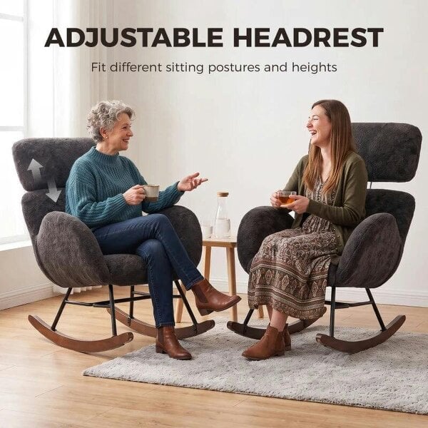 Upholstered Rocking Chair Adjustable Headrest Rocker Chair Raindrop Velvet Rubberwood Base Dark Grey