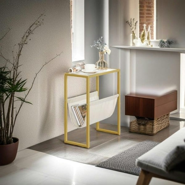 Modcraft Slim Gold Side Table – Narrow Glass Sofa End Table with Fabric Magazine Holder