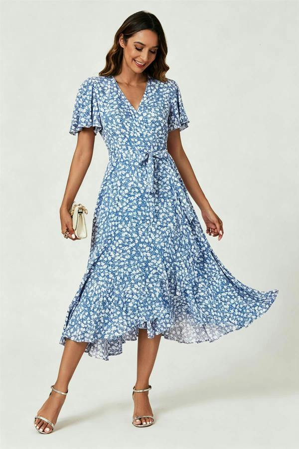 FS Collection Floral Print Midi Wrap Dress In Blue