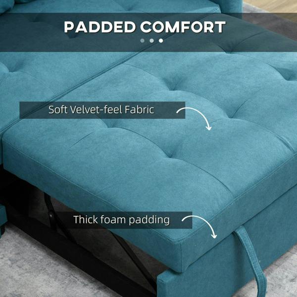 Blue sofa bed with thick foam padding and soft velvet-feel upholstery
