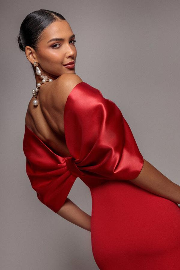 Off Shoulder Back Satin Bow Wrap Crepe Midi Dress - Red DR4939