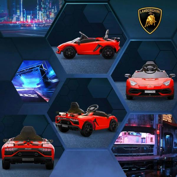 Red kids electric car shown in multiple angles with black wheels and interior seats.